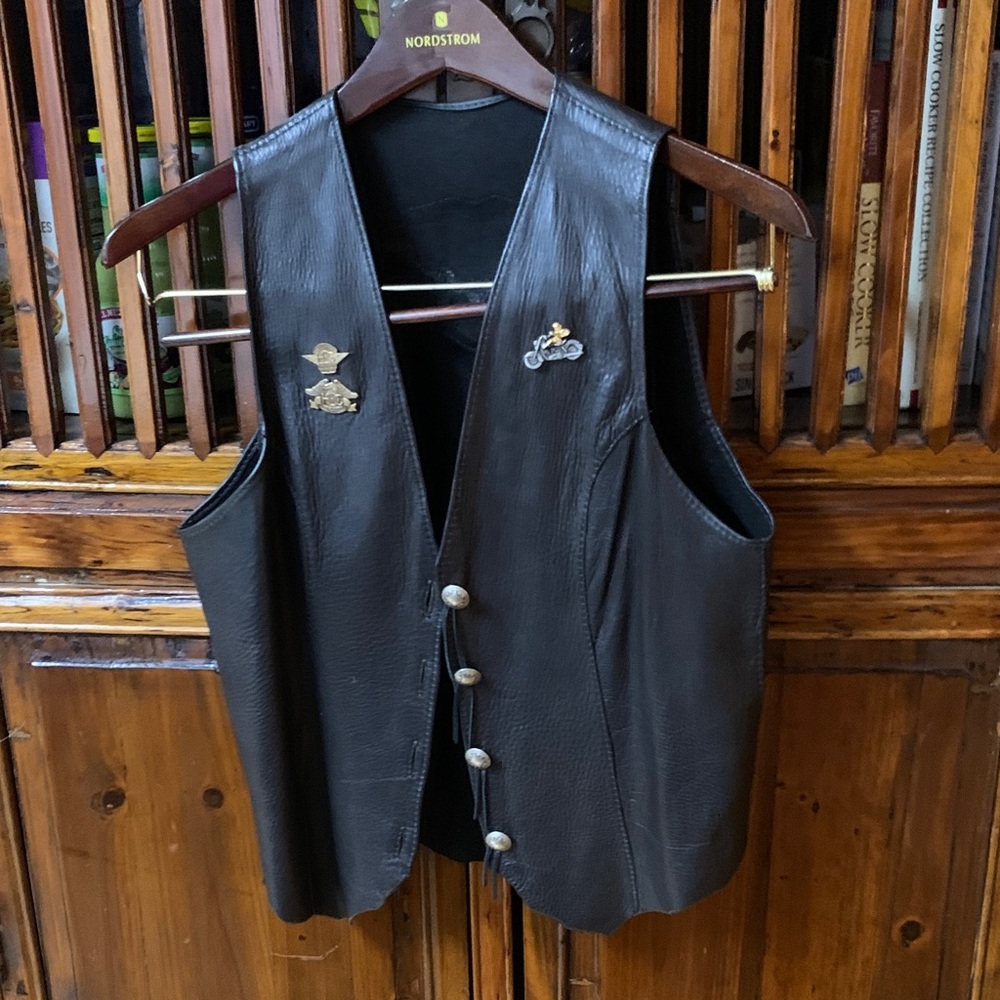 Women's Black Leather Vest with Pins